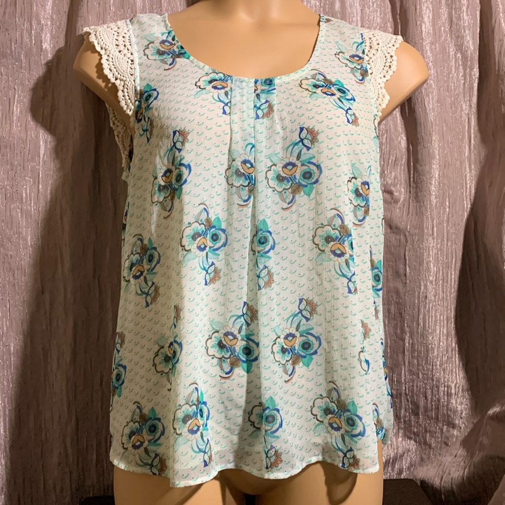 Daniel Rainn Top Sleeveless Blouse M Green Blue Floral Lace Polyester Cotton